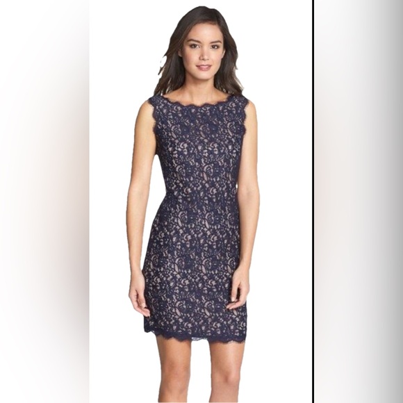 NWOT Adrianna Papell Petites Lace Navy Nude Sheath Cocktail